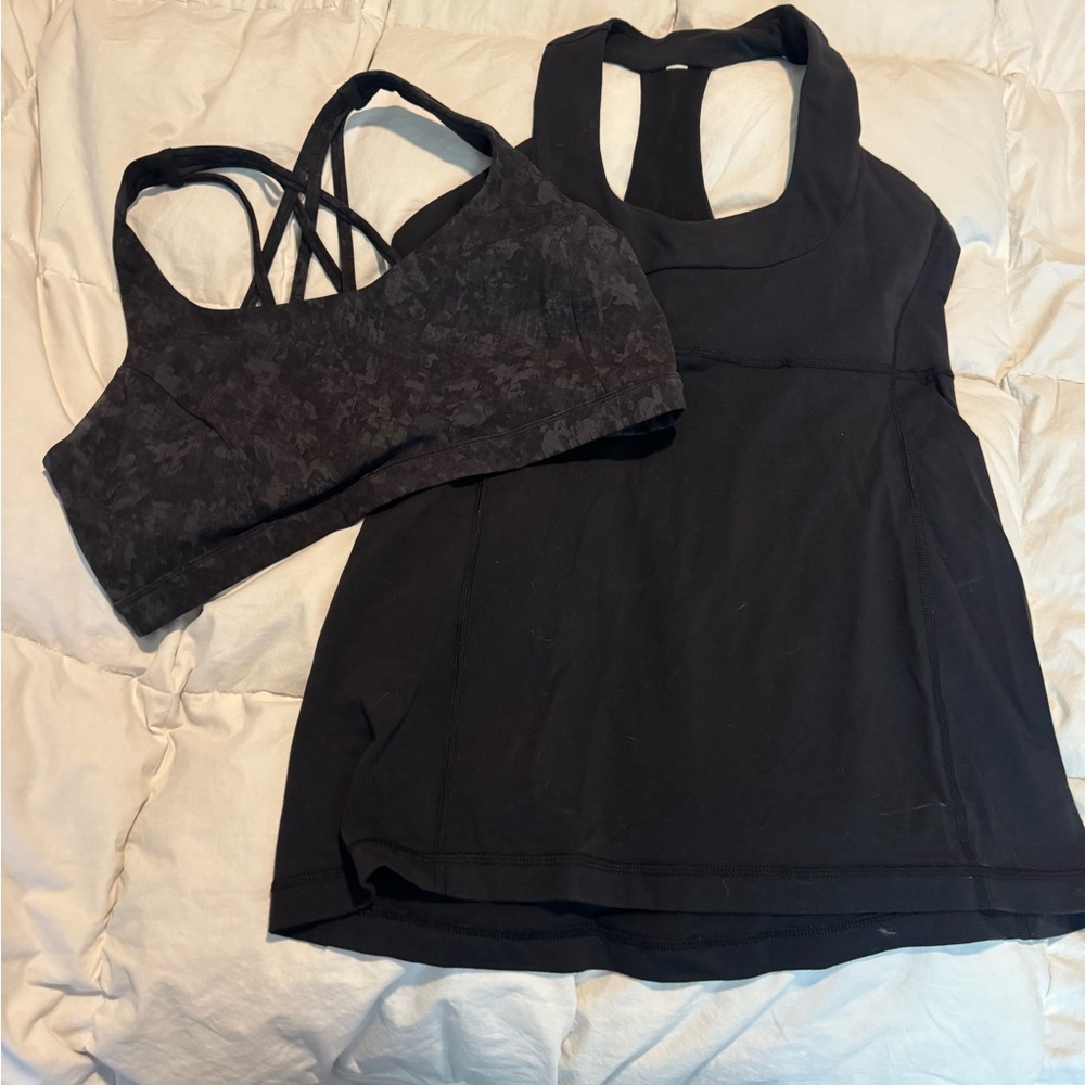 Women's Lululemon black sports bra and top both size 10